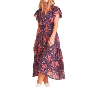 Midi floral dress with waist tie and buttons